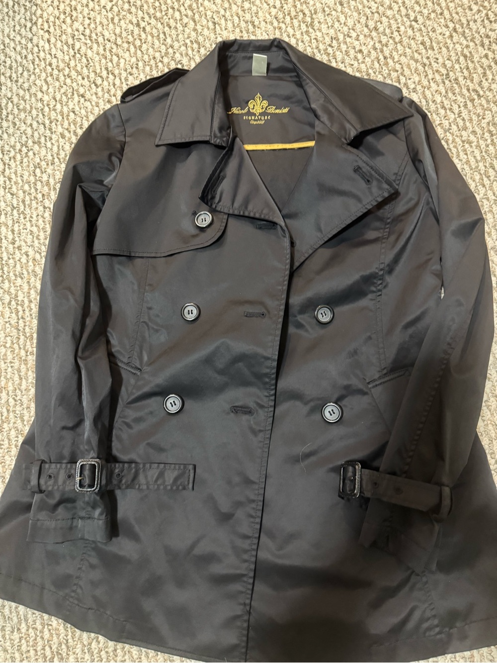 Nicole Benisti M GUC Black Double-Breasted Trench Coat with Belted Cuffs